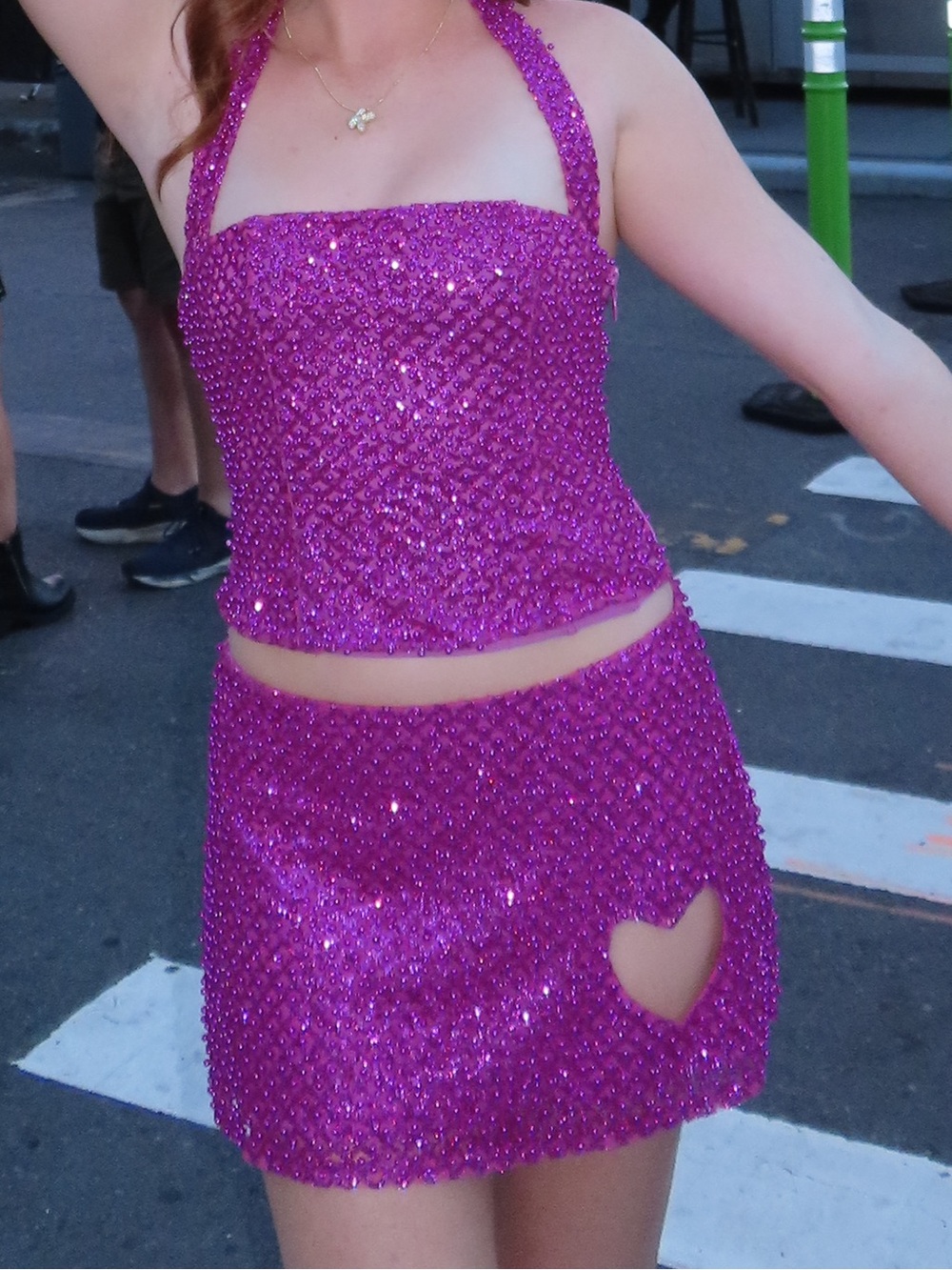 Oh Polly Beaded/Sequin Halter Mini Top and Skirt with Heart Cutout in Fuchsia